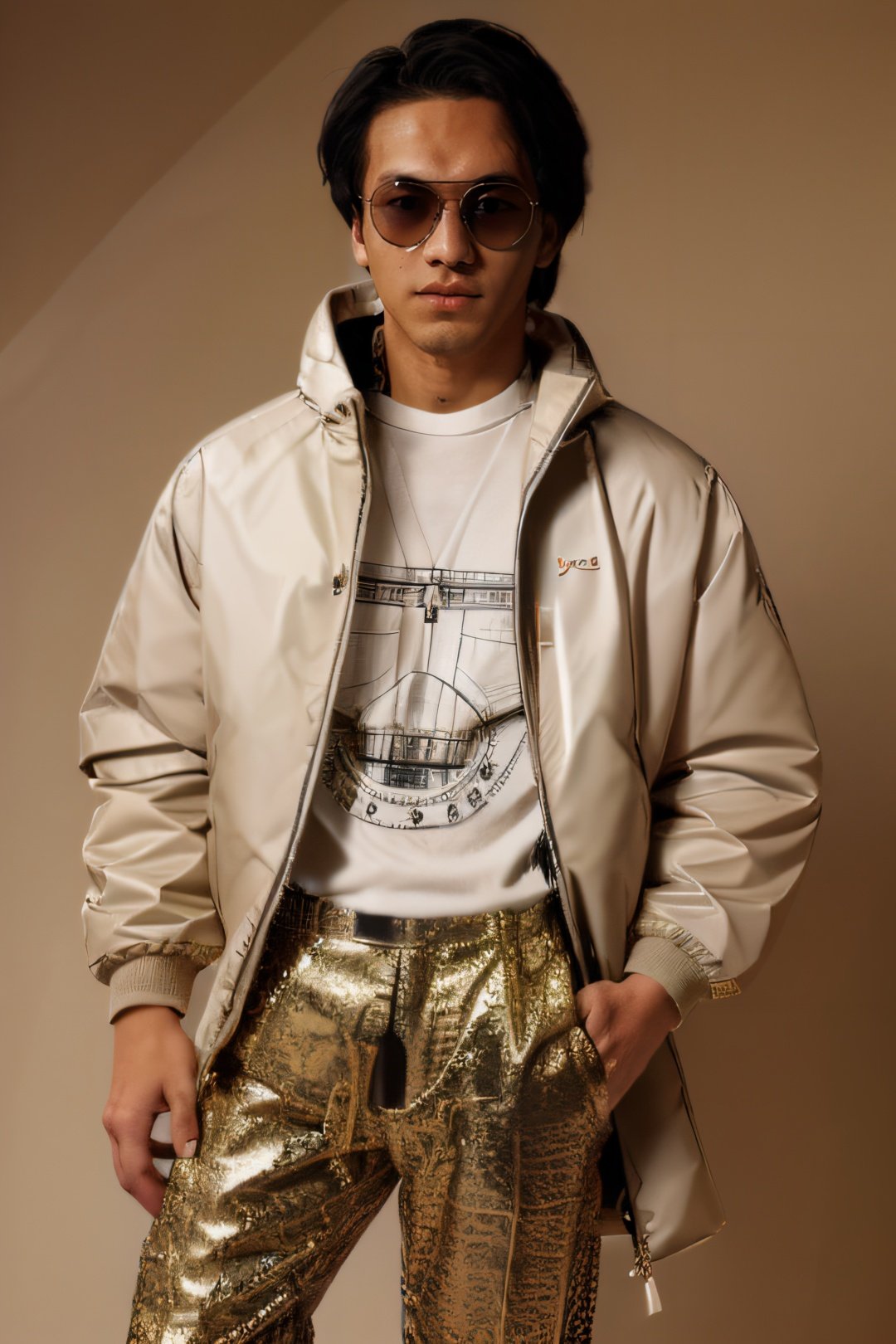 The man in the photo is standing against a beige background, a Tumblr personality. Her outfit consists of a reflective puffer jacket and a poncho designed by Takashi Murakami, both of which are in a stylish off-white color scheme.advertisement, highly detailed and intricate, hypermaximalist, ornate, luxury, cinematic, cgsociety, This ensemble could be a reference to an internet meme or trend, and it is currently trending on the design and architecture website Dezeen,The photo appears to be from a catalog, showcasing the latest in fashion trends for 2024. The accessories on display include a mac, a pair of 8. 0 LV sunglasses, and a folded piece by Mike and Wojtek Fus. Overall, this outfit embodies the cutting-edge fashion of the year and is sure to turn heads, <lora:jefri-05:1>