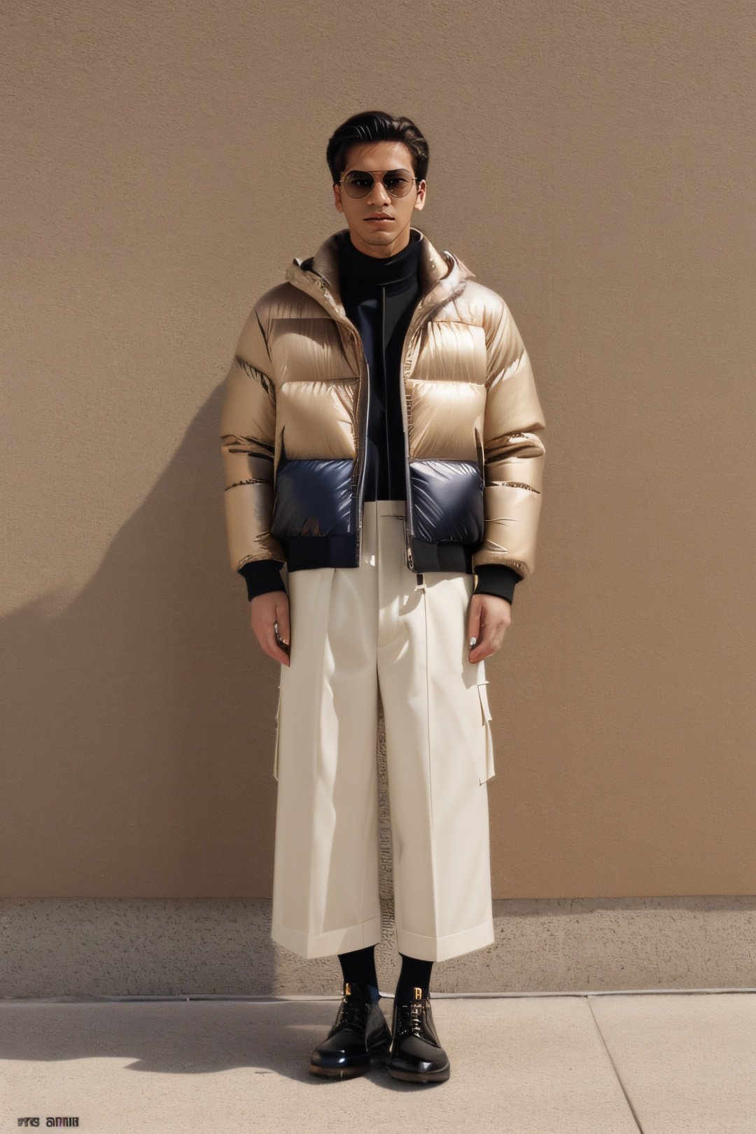 The man in the photo is standing against a beige background, a Tumblr personality. Her outfit consists of a reflective puffer jacket and a poncho, both of which are in a stylish off-white color scheme. This ensemble could be a reference to an internet meme or trend, and it is currently trending on the design and architecture website Dezeen. The photo appears to be from a catalog, showcasing the latest in fashion trends for 2024. The accessories on display include a mac, a pair of 8. 0 LV sunglasses, Overall,<lora:jefri:0.8>