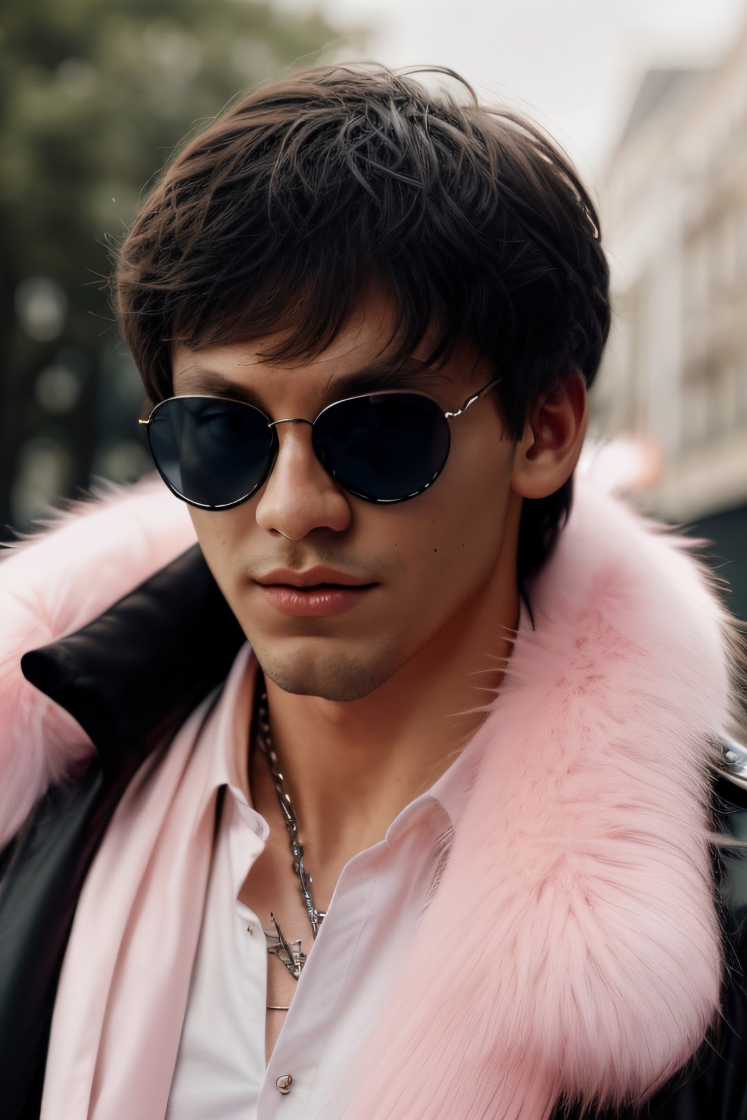 a man Fashion shoot,  light pink translucent fur sunglasses, hyper-realistic, detailed 8k, realistic,<lora:jefri:1>