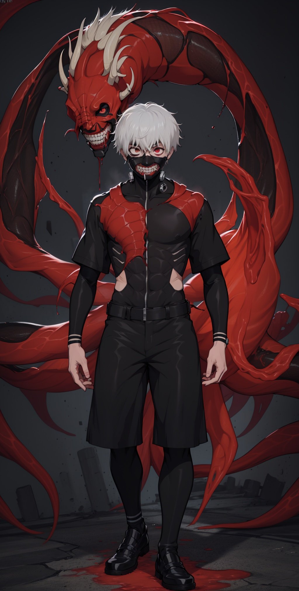 8k, anime, portrait, best quality, ultra high res, ultra detailed, black and red, high contrast color tone, extremely detailed lighting, cinematic lighting, soft lights, (masterpiece, high quality:1.4), (kaneki ken, black hair, white hair, red and black eye, mask | teeth, blood eyes, black clothes, scorpio tentacles),  ,  , blood, ((full body)), (dynamic pose), black background, thrilling, (fierce face)kaneki ken, <lora:EMS-14006-EMS:0.8>, <lora:EMS-4782-EMS:0.8>