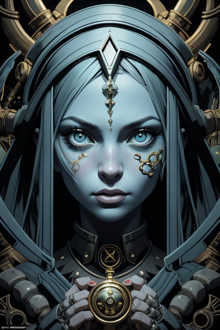 Surreal Alchemist: An female character portrait of a master alchemist,  with face surrounded by alchemical symbols,  by Ru...