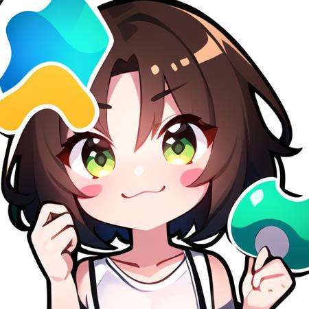 master, chief (twitch emote:1.4), brown short hair, one braid, white blouse, denim suspenders , left eye green, right eye yellow, open shoulders, star hairpin, <lora:TwitchEmotes:0.8>, white background, sticker