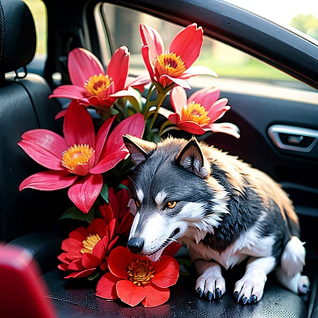 Wolf With Colorful Flowers Sticker