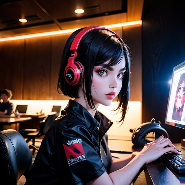 4 cards cartoon style, cyberpunk, short hair, thick eyebrows, digital punk, anime style 4K, short sleeve gaming clothes, black hair, computer room, overhead gaming headset