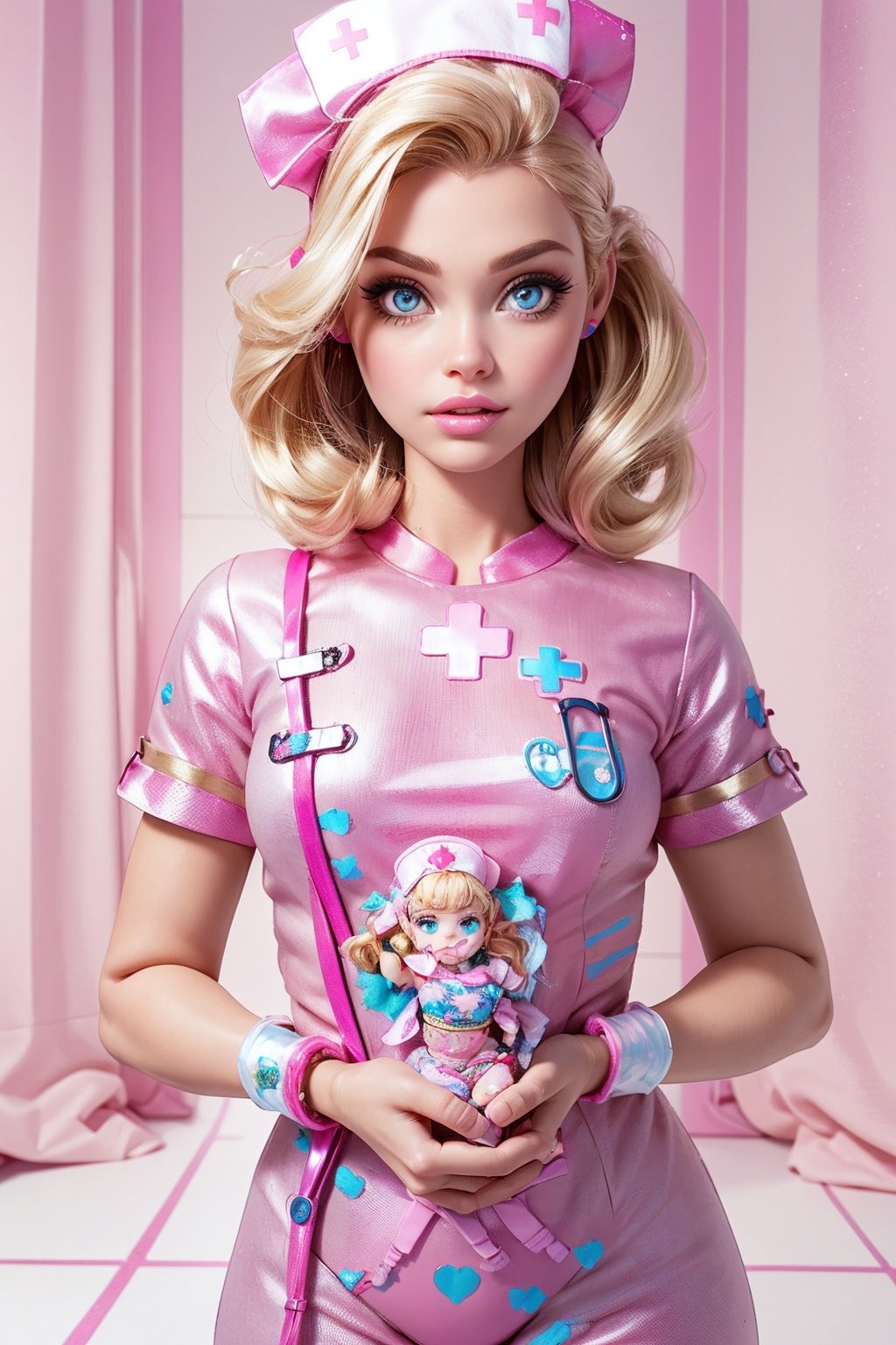 Ultra high resolution, high resolution, (masterpiece: 1.4), hyper-detail, 1girl, inboxDollPlaySetQuiron style, full body , no humans , doll, toy, barbie, in a gift box, character print, middle length hair, blight blue eyes, (((wearing a detailed pink theme nurse outfit and matching accessories:1.5))), pink sparkles, sprinkles, barbie pink color theme, beautiful female barbie, full lips, parted_lips, heavy make-up, smoky eyes, detailed eyes, pretty face,3DMM,inboxDollPlaySetQuiron style,(gal dadot), wonder woman