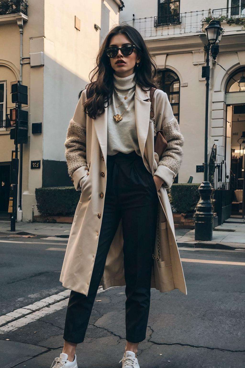 1girl, black_hair, brick, brick_floor, brick_wall, building, chain-link_fence, city, coat, earrings, jewelry, long_hair, necklace, pavement, skyscraper, solo, stone_floor, street, sunglasses, turtleneck, wall, standing, full_body, shoes, pants, dark_skin, bag, sweater, dark-skinned_female, black_pants, sneakers, hand_in_pocket, turtleneck_sweater, white_coat, white_sweater, old money<lora:old money:1>