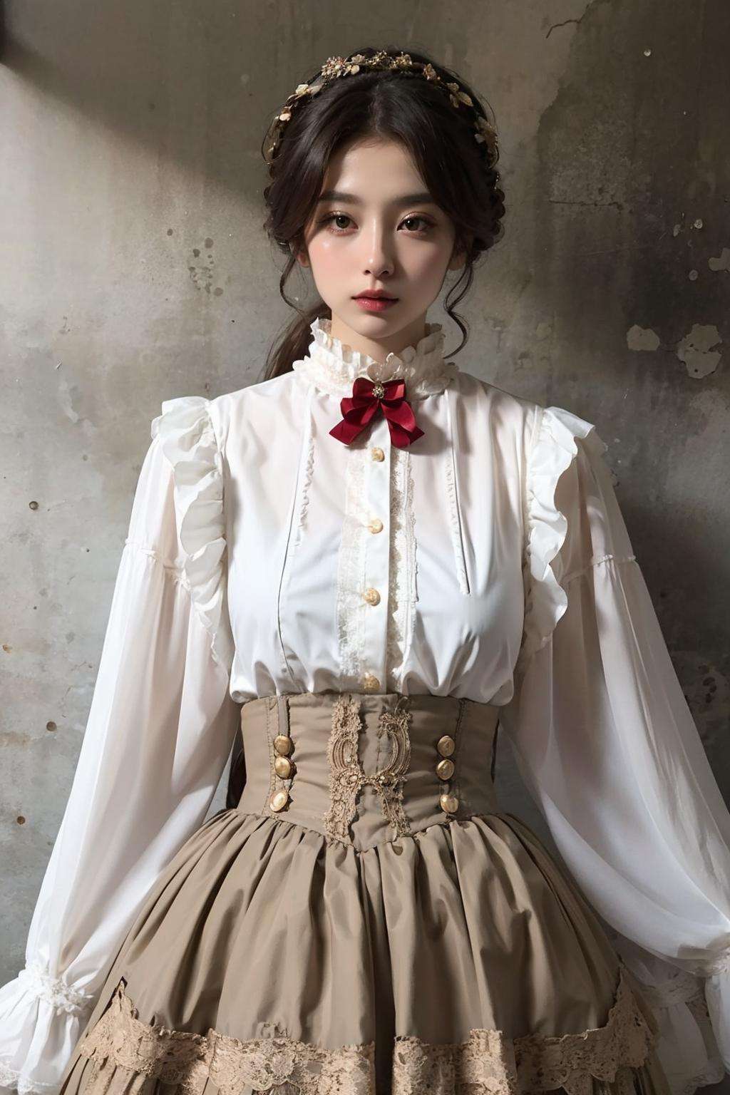 dress, solo, skirt, shirt, long_sleeves, white_shirt, frills, book, lace, victorian<lora:vic:0.8>