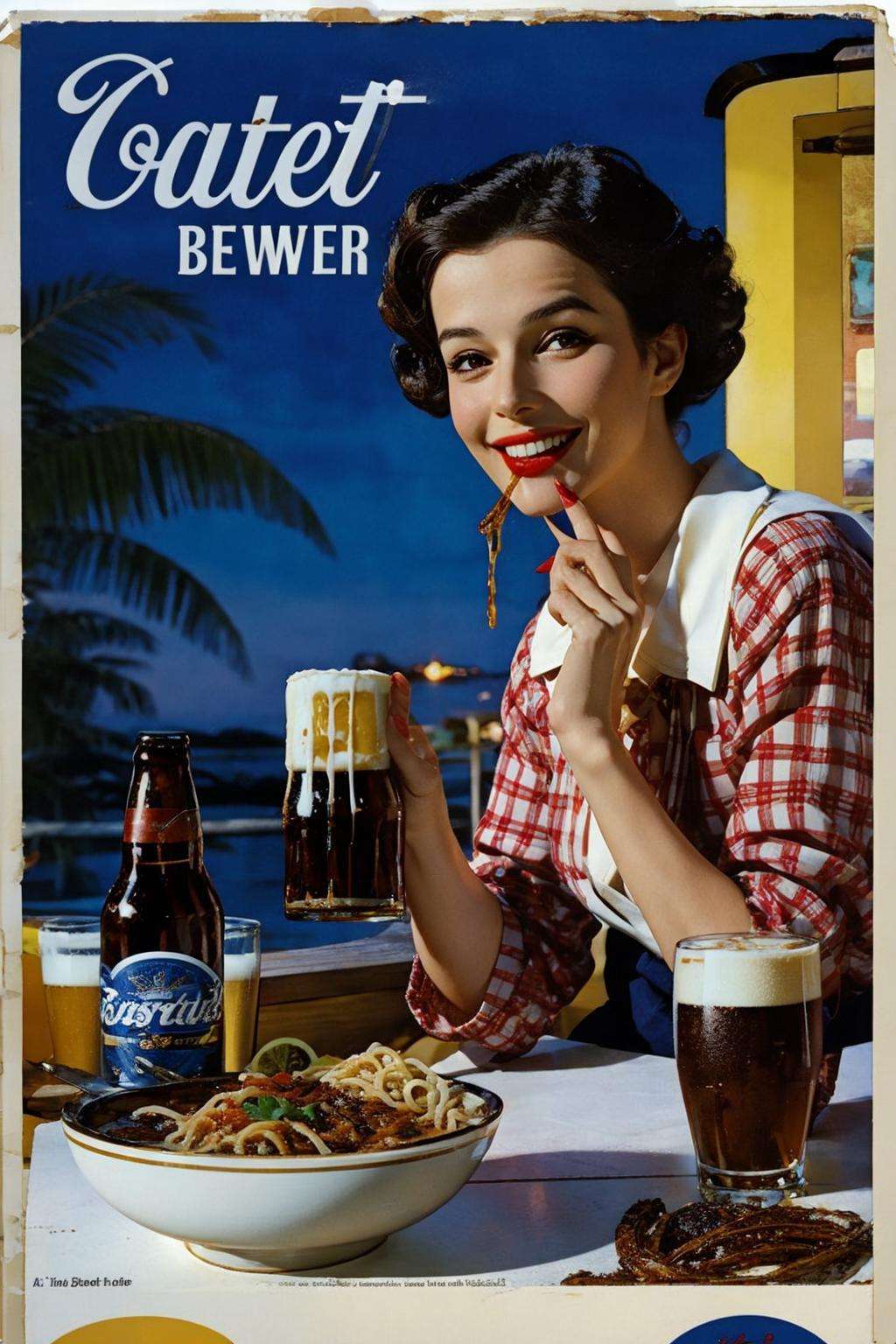 1boy, english_text, food, realistic, white_border, solo, smile, holding, male_focus, nail_polish, eating, bottle, alcohol, bowl, beer, noodles, product_placement, vintage ad style<lora:ad:1>