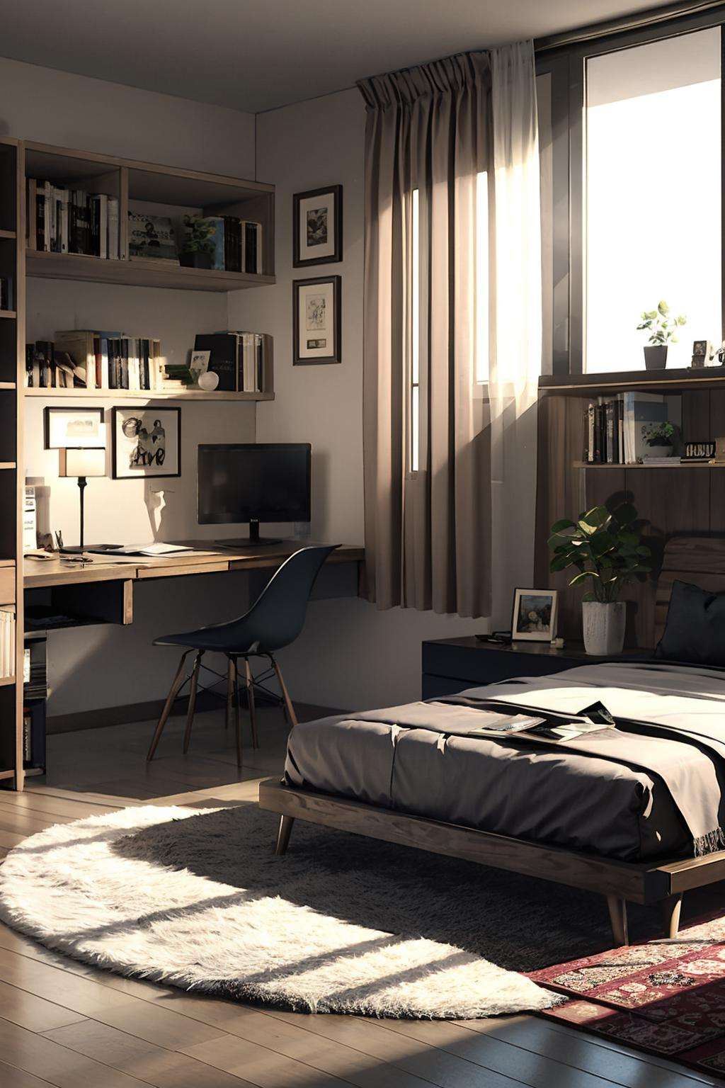 bookshelf, couch, indoors, plant, potted_plant, window, day, pillow, book, no_humans, bed, table, sunlight, curtains, scenery, wooden_floor, lamp, bedroom, room2<lora:room2:1>