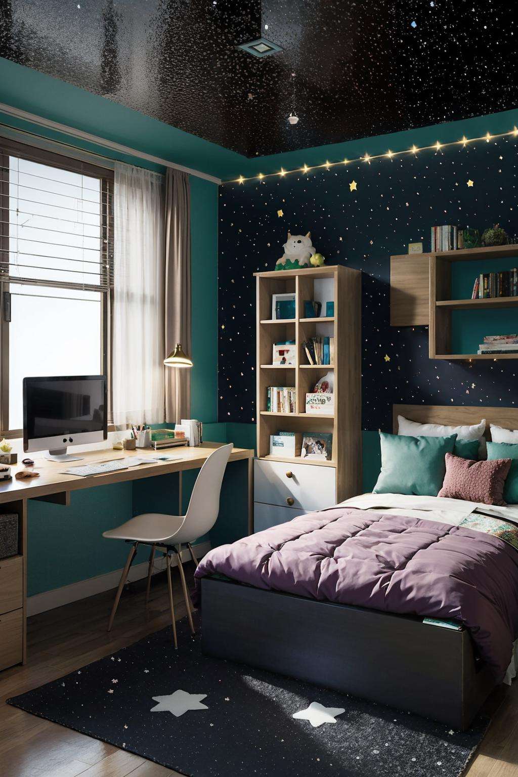 american_flag, box, christmas_ornaments, christmas_tree, constellation, curtains, indoors, night, night_sky, shooting_star, sky, space, star_print, starfish, starry_background, starry_sky, starry_sky_print, window, pillow, no_humans, bed, chair, desk, clock, lamp, computer, bedroom, monitor, poster_\(object\), trash_can, calendar_\(object\), room2<lora:room2:1>