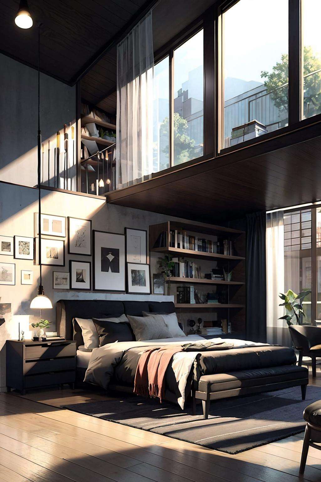 bookshelf, couch, indoors, plant, potted_plant, window, day, pillow, book, no_humans, bed, table, sunlight, curtains, scenery, wooden_floor, lamp, bedroom, room2<lora:room2:1>