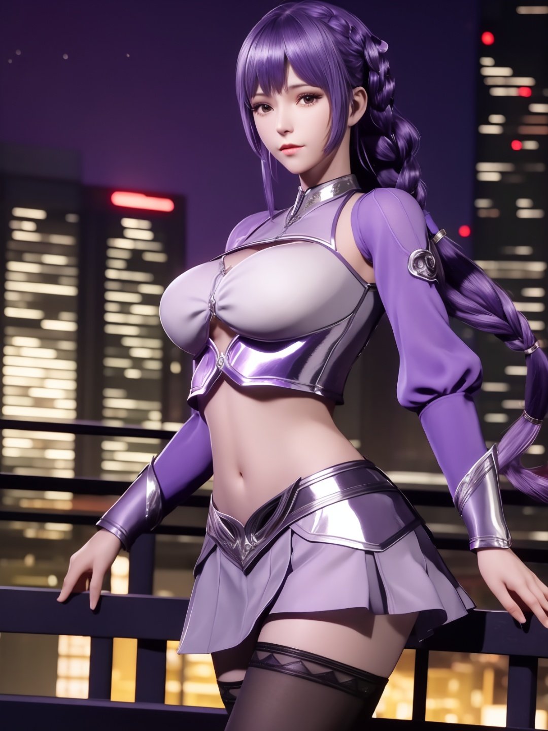 <lora:dldlllBAICHenxiang_20230726115615:0.75>,1girl,low twintails, mature female, looking at viewer, cityscape, night, cowboy shot, navel,crop top, long sleeves, skirt,braid, pantyhose, metal trim,purple hair, shiny hair, midriff, 