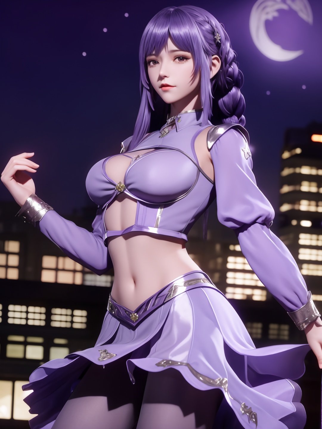 <lora:dldlllBAICHenxiang_20230726115615:0.75>,1girl,low twintails, mature female, looking at viewer, cityscape, night, cowboy shot, navel,crop top, long sleeves, skirt,braid, pantyhose, metal trim,purple hair, shiny hair, midriff, 