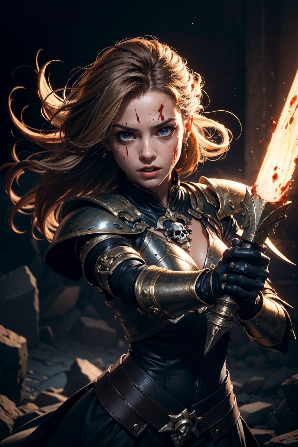 (photorealistic:1.3, realistic, ultrarealistic, hyperrealistic), masterpiece, absurdres, highres, high quality, ultra detailed, beautiful and aesthetic, horror (theme), 1girl, dynamic pose,  , shiny skin, (holding weapon:1.4), enchanted armor, ancient, intricate details, expressive drips, (energetic movement:1.2), (sense of depth:1.6), glowing aura, in the depths of a gloomy dungeon, illuminated by divine light, (perfect lighting:1.3),(mysterious scenery), magical lighting, skull, blood, blood splatter