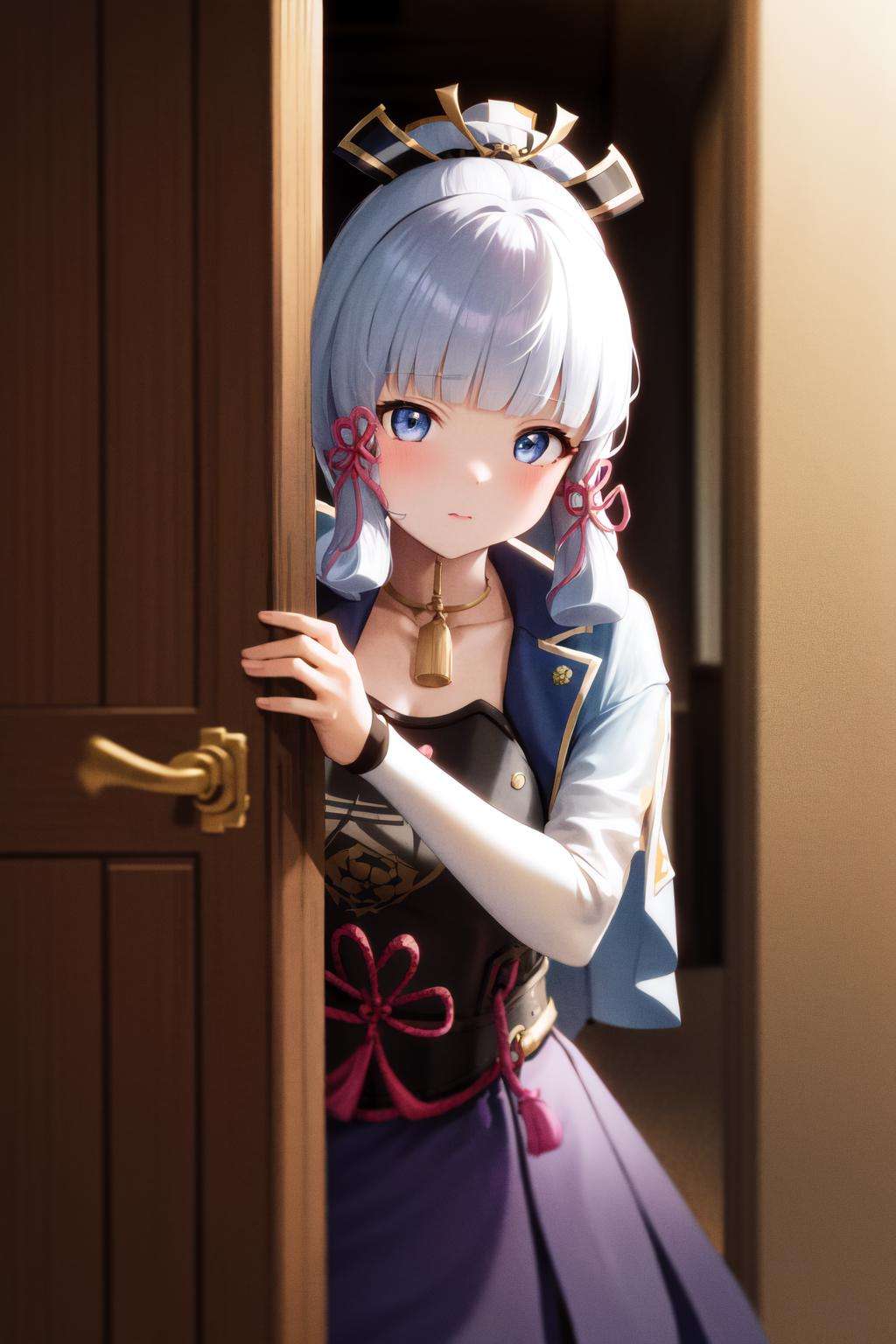 masterpiece, best quality, highres, 1girl kamisato ayaka, peeking out upper body <lora:peeking_out_upper_body_pruned:1.2> door, opening door, doorway <lora:kamisato_ayaka:1>