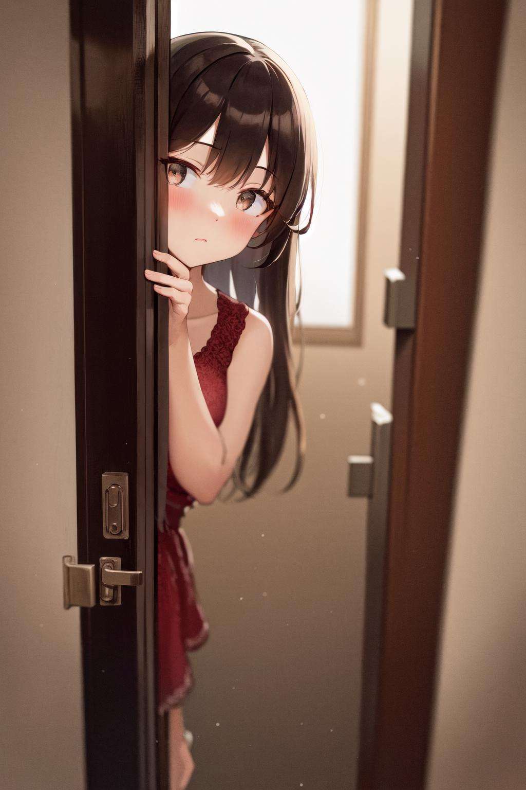 masterpiece, best quality, highres, 1girl, peeking out upper body <lora:peeking_out_upper_body_pruned:1> opening door, open door, doorway