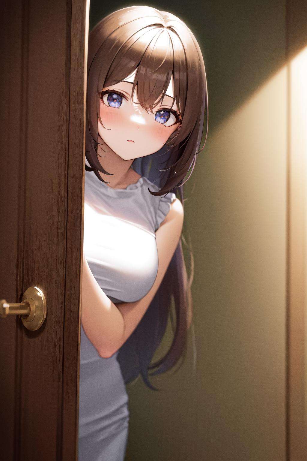 masterpiece, best quality, highres, 1girl, peeking out upper body <lora:peeking_out_upper_body_pruned:1> opening door