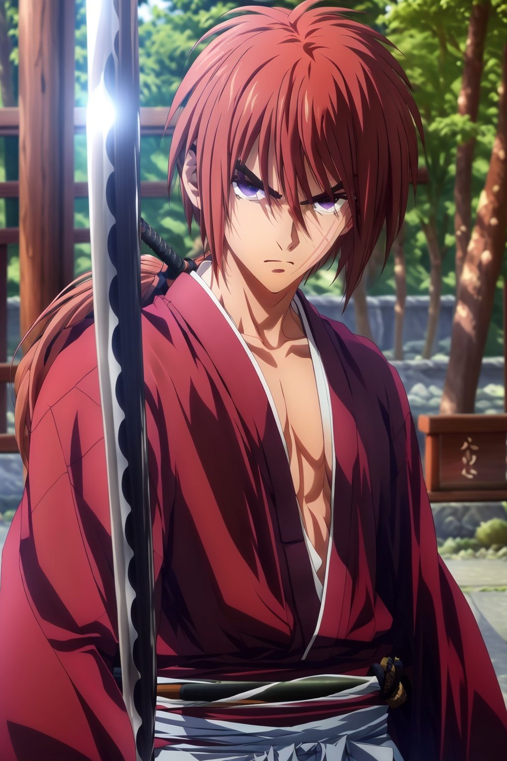 SamuraiXQuiron man, solo, long hair, 1boy, ponytail, weapon, male focus, red hair, japanese clothes, sword, scar, katana, sheath, hakama, samurai, close-up, eye focus, orange hair, <lora:quiron_SamuraiX_v1_Lora:1>