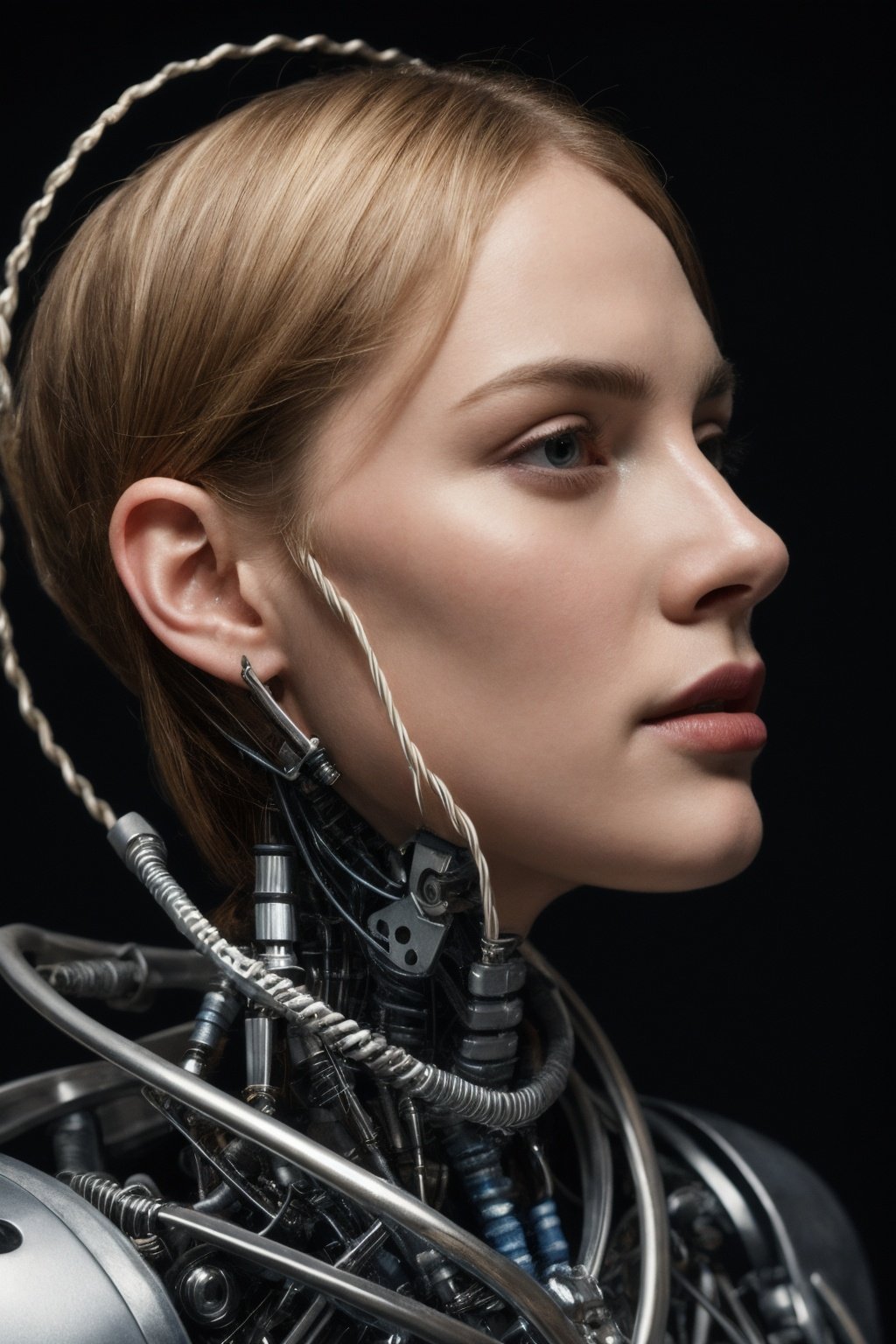 complex 3d render ultra detailed of a beautiful porcelain profile woman android face, cyborg, robotic parts, 150 mm, beautiful studio soft light, rim light, vibrant details, luxurious cyberpunk, lace, hyperrealistic, anatomical, facial muscles, cable electric wires, microchip, elegant, beautiful background, octane render, H. R. Giger style, 8k, best quality, masterpiece, illustration, an extremely delicate and beautiful, extremely detailed ,CG ,unity ,wallpaper, (realistic, photo-realistic:1.37),Amazing, finely detail, masterpiece,best quality,official art, extremely detailed CG unity 8k wallpaper, absurdres, incredibly absurdres, robot, silver halmet, full body, sitting