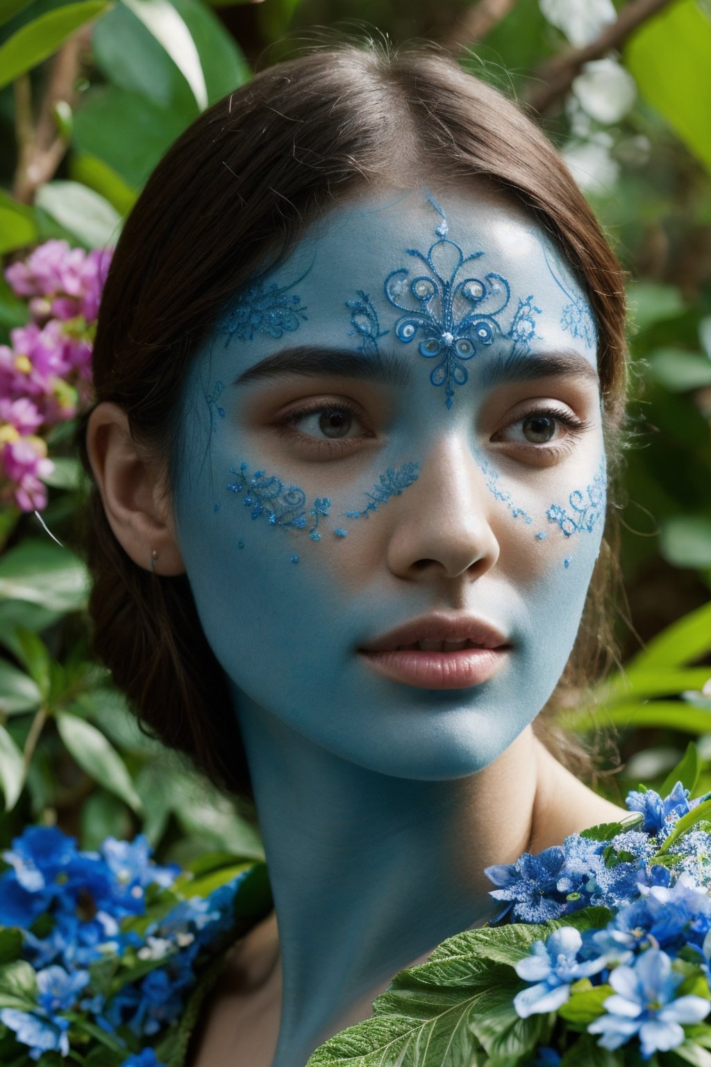 fashion photography portrait of blue human avatar, in blue lush jungle with flowers and birds, 3d render, cgi, symetrical, octane render, 35mm, bokeh, 9:16, (intricate details:1.12), hdr, (intricate details, hyperdetailed:1.15), (natural skin texture, hyperrealism, soft light, sharp:1.2)