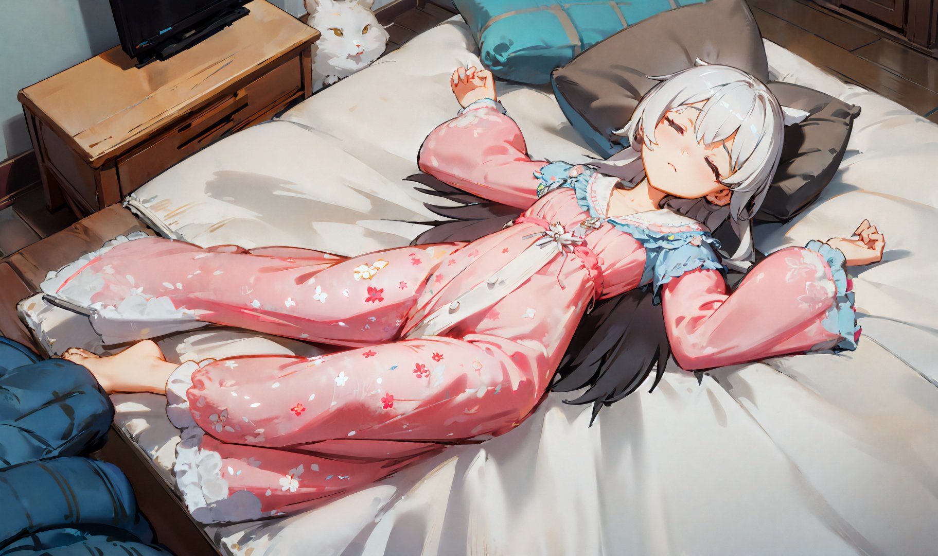 wide shot,1girl,half-closed eyes,on back,sleepwear,bed,head tilt,expressionless,from above,looking to the side,warm tone,indoors,living room,<lora:agv201:1>