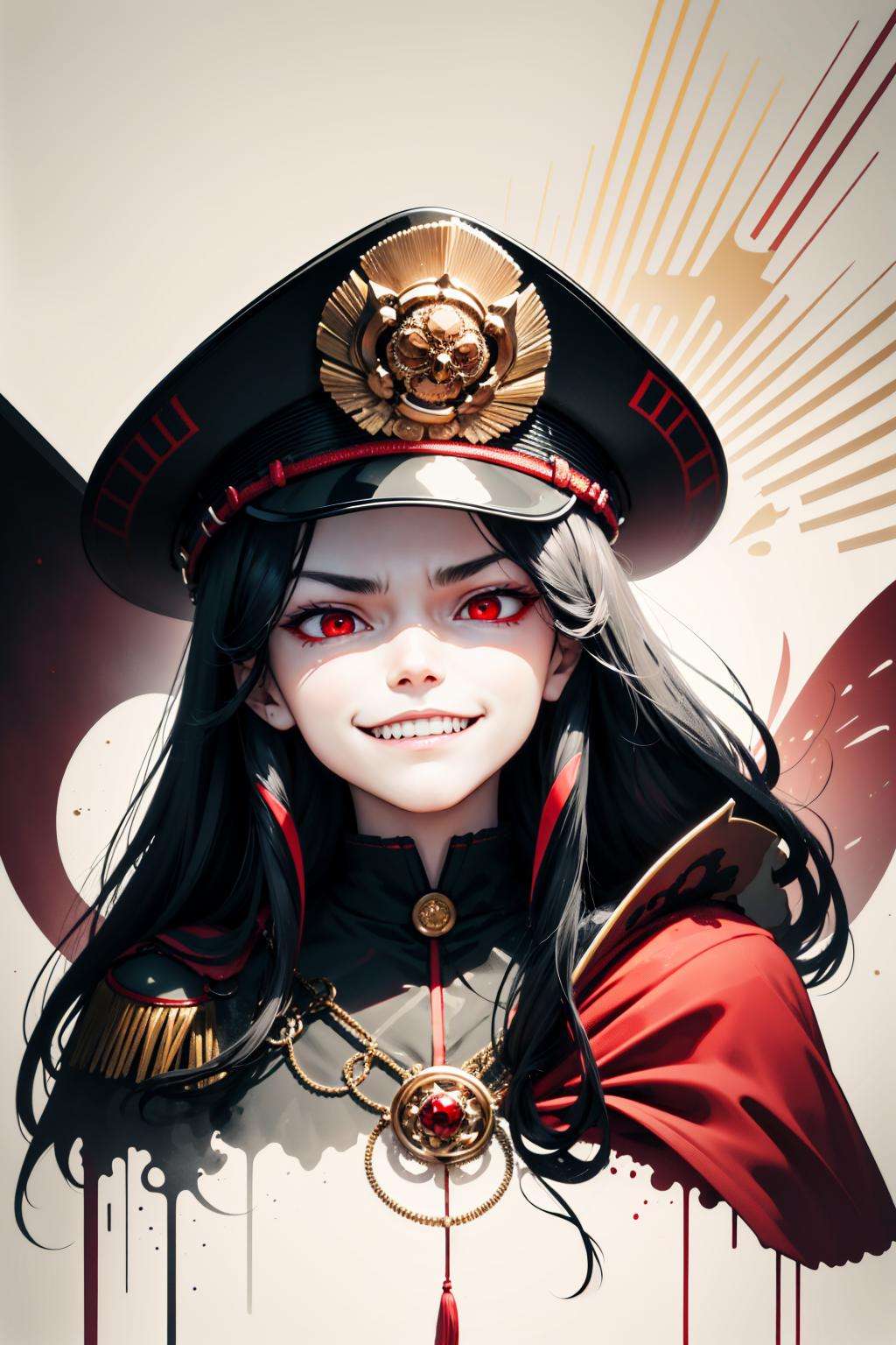 (detailed face and eyes:1.3),<lora:oda-10:1>,oda_smoll,hat,cape,red eyes,military uniform,black hair, (evil smile:1.4), (evil grin:1.3), <lora:ink-0.1-3-b28-bf16-D128-A1-1-ep64-768-DAdaptation-cosine:1>,white background,ink,red theme, Ultra-detail,(highres:1.1),best quality,(masterpiece:1.3),cinematic lighting,