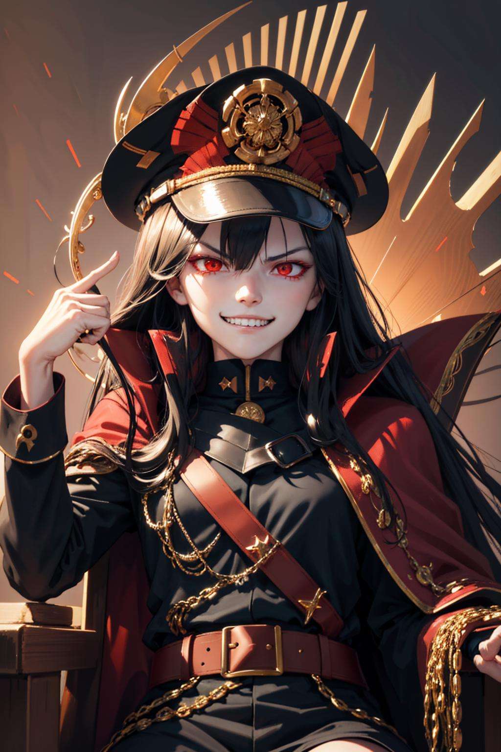 (detailed face and eyes:1.3),<lora:oda-10:1>,oda_smoll,hat,cape,red eyes,military uniform,black hair,(evil smile:1.4),(evil grin:1.4),throne,sitting,Ultra-detail,(highres:1.1),best quality,(masterpiece:1.3),cinematic lighting,