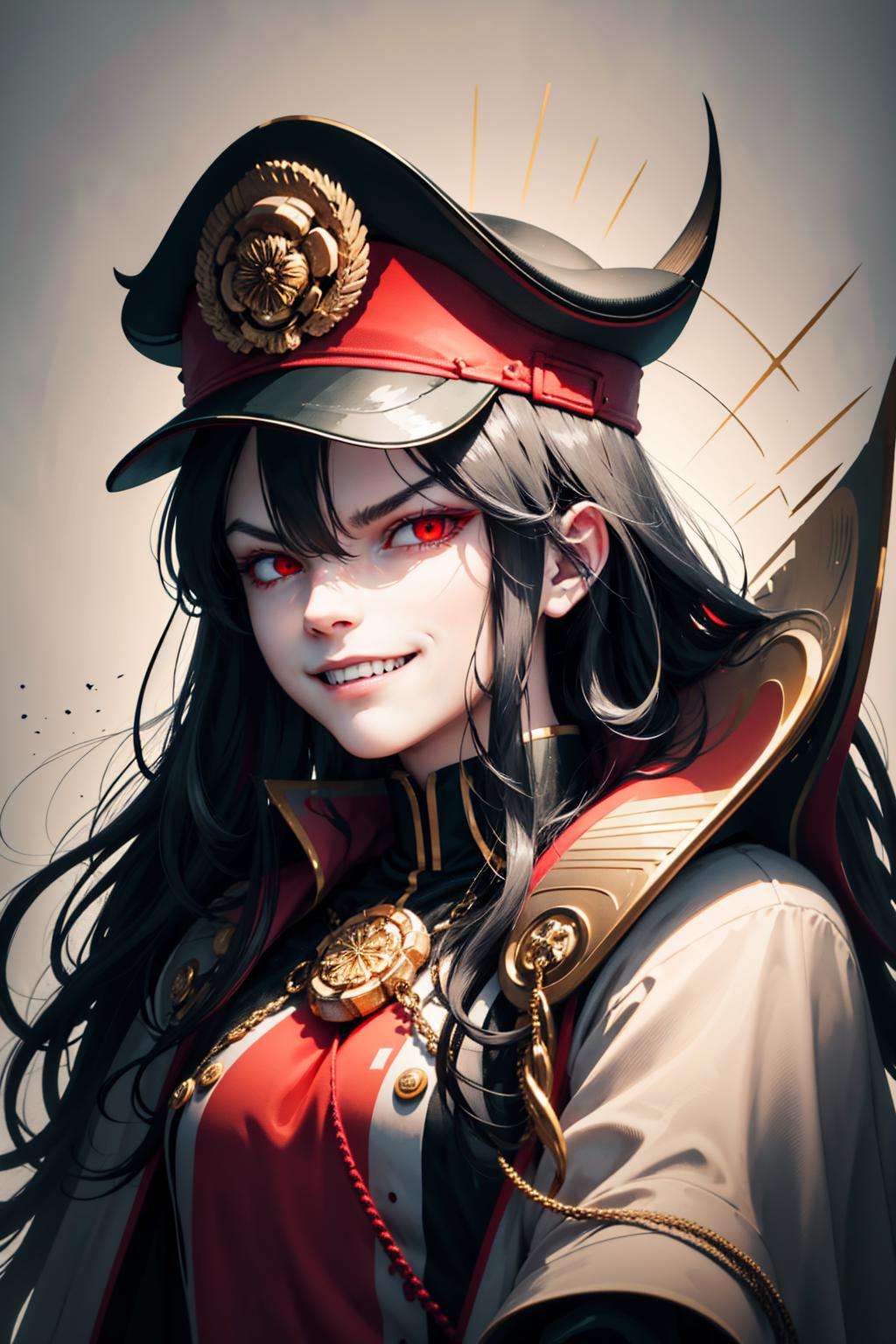 (detailed face and eyes:1.3),<lora:oda-10:1>,oda_smoll,hat,cape,red eyes,military uniform,black hair, (evil smile:1.4), (evil grin:1.3), <lora:ink-0.1-3-b28-bf16-D128-A1-1-ep64-768-DAdaptation-cosine:1>,white background,ink,Ultra-detail,(highres:1.1),best quality,(masterpiece:1.3),cinematic lighting,