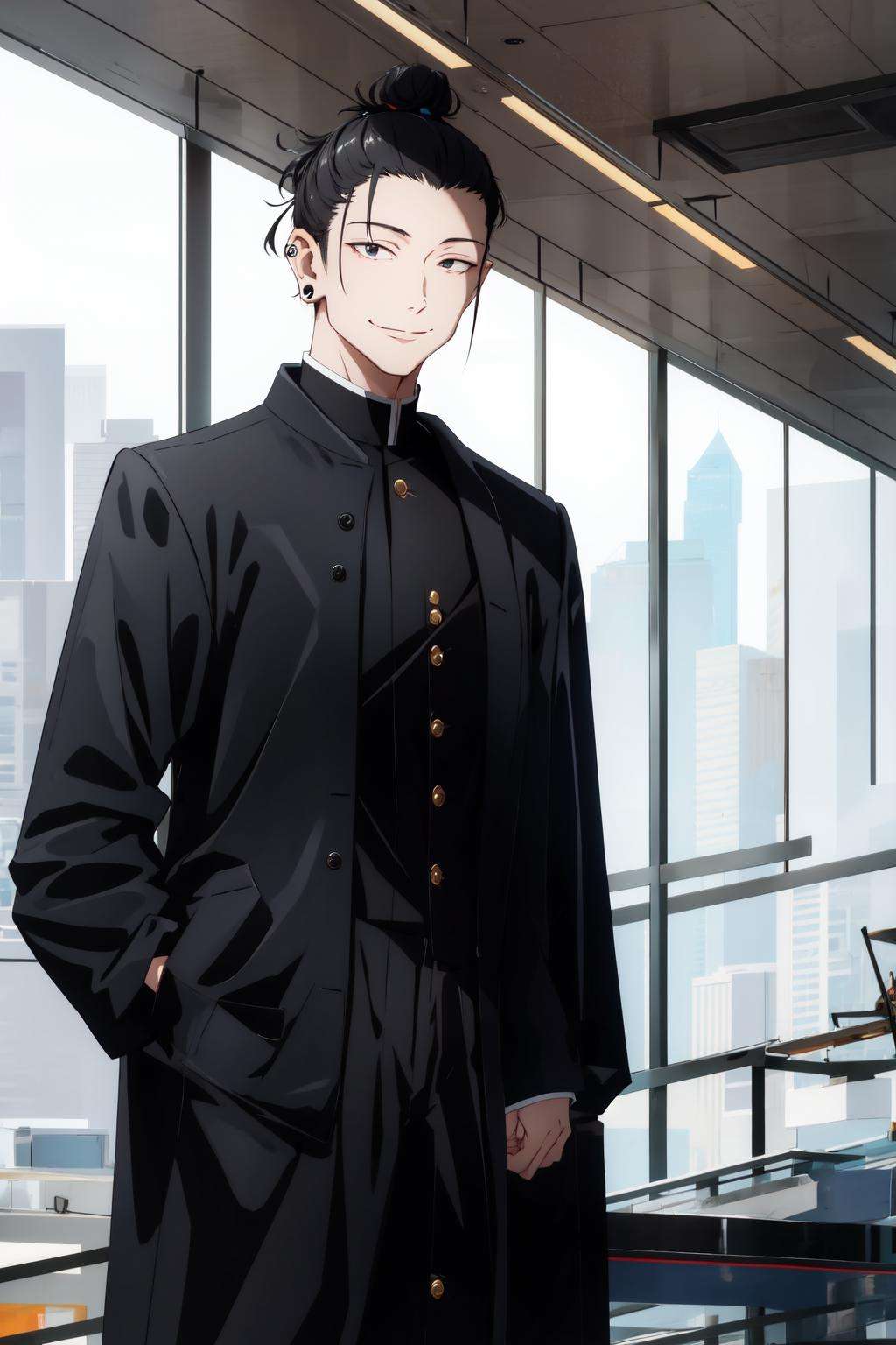 1man, getou, solo, looking at viewer, smile, short hair, black hair, long sleeves, 1boy, closed mouth, standing, jacket, upper body, male focus, cowboy shot, indoors, hair bun, black eyes, black jacket, black pant, piercing, single hair bun, ear piercing, gakuran, hair pulled back, masterpiece <lora:Getou-01:1>