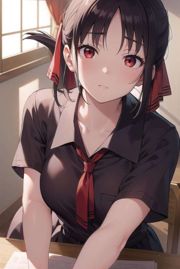 kaguyashinomiya, <lora:kaguyashinomiyatest:1>,kaguya shinomiya, folded ponytail, forehead, hair ribbon, (red eyes:1.5), red ribbon, ribbon, short hair, sidelocks, (small breast:1.2),BREAK black dress, dress, pinafore dress, school uniform, shirt, short sleeves, shuuchiin academy school uniform, white shirt,BREAK looking at viewer,BREAK indoors, classroom,BREAK <lora:GoodHands-vanilla:1>, (masterpiece:1.2), best quality, high resolution, unity 8k wallpaper, (illustration:0.8), (beautiful detailed eyes:1.6), extremely detailed face, perfect lighting, extremely detailed CG, (perfect hands, perfect anatomy),