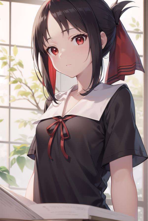 kaguyashinomiya, <lora:kaguyashinomiyatest:1>,kaguya shinomiya, folded ponytail, forehead, hair ribbon, (red eyes:1.5), red ribbon, ribbon, short hair, sidelocks, (small breast:1.2),BREAK black dress, dress, pinafore dress, school uniform, shirt, short sleeves, shuuchiin academy school uniform, white shirt,BREAK looking at viewer,BREAK indoors, classroom,BREAK <lora:GoodHands-vanilla:1>, (masterpiece:1.2), best quality, high resolution, unity 8k wallpaper, (illustration:0.8), (beautiful detailed eyes:1.6), extremely detailed face, perfect lighting, extremely detailed CG, (perfect hands, perfect anatomy),