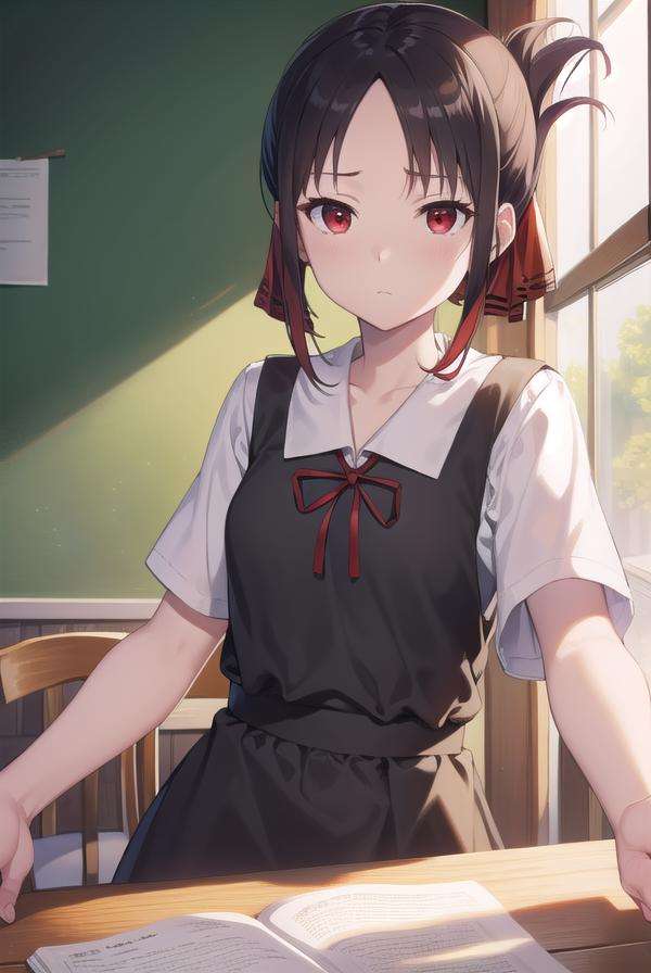 kaguyashinomiya, <lora:kaguyashinomiyatest:1>,kaguya shinomiya, folded ponytail, forehead, hair ribbon, (red eyes:1.5), red ribbon, ribbon, short hair, sidelocks, (small breast:1.2),BREAK black dress, dress, pinafore dress, school uniform, shirt, short sleeves, shuuchiin academy school uniform, white shirt,BREAK looking at viewer,BREAK indoors, classroom,BREAK <lora:GoodHands-vanilla:1>, (masterpiece:1.2), best quality, high resolution, unity 8k wallpaper, (illustration:0.8), (beautiful detailed eyes:1.6), extremely detailed face, perfect lighting, extremely detailed CG, (perfect hands, perfect anatomy),