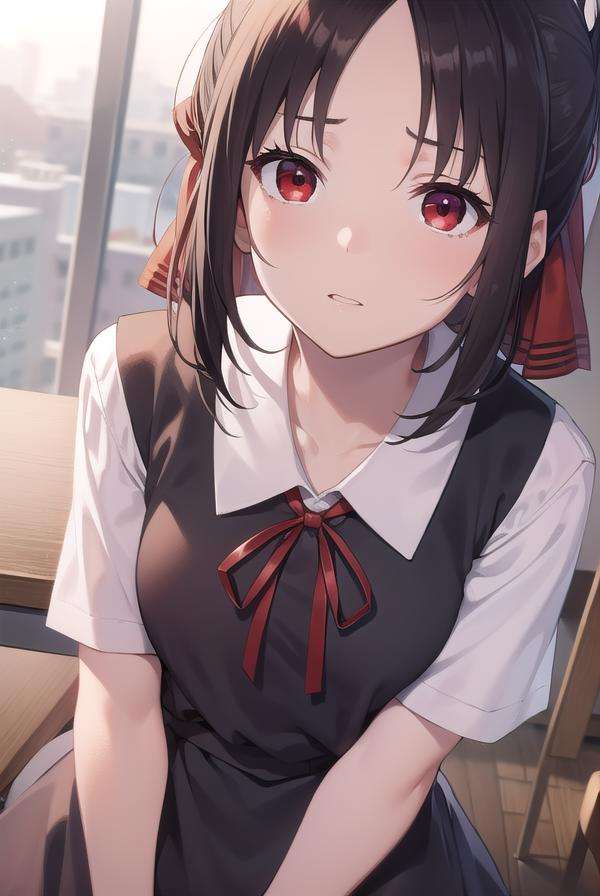 kaguyashinomiya, <lora:kaguyashinomiyatest:1>,kaguya shinomiya, folded ponytail, forehead, hair ribbon, (red eyes:1.5), red ribbon, ribbon, short hair, sidelocks, (small breast:1.2),BREAK black dress, dress, pinafore dress, school uniform, shirt, short sleeves, shuuchiin academy school uniform, white shirt,BREAK looking at viewer,BREAK indoors, classroom,BREAK <lora:GoodHands-vanilla:1>, (masterpiece:1.2), best quality, high resolution, unity 8k wallpaper, (illustration:0.8), (beautiful detailed eyes:1.6), extremely detailed face, perfect lighting, extremely detailed CG, (perfect hands, perfect anatomy),