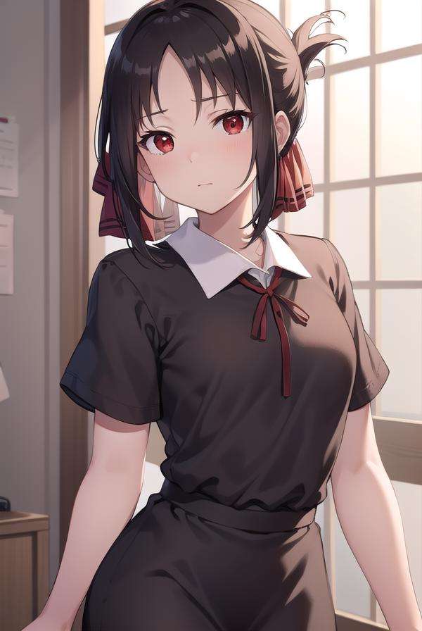 kaguyashinomiya, <lora:kaguyashinomiyatest:1>,kaguya shinomiya, folded ponytail, forehead, hair ribbon, (red eyes:1.5), red ribbon, ribbon, short hair, sidelocks, (small breast:1.2),BREAK black dress, dress, pinafore dress, school uniform, shirt, short sleeves, shuuchiin academy school uniform, white shirt,BREAK looking at viewer,BREAK indoors, classroom,BREAK <lora:GoodHands-vanilla:1>, (masterpiece:1.2), best quality, high resolution, unity 8k wallpaper, (illustration:0.8), (beautiful detailed eyes:1.6), extremely detailed face, perfect lighting, extremely detailed CG, (perfect hands, perfect anatomy),