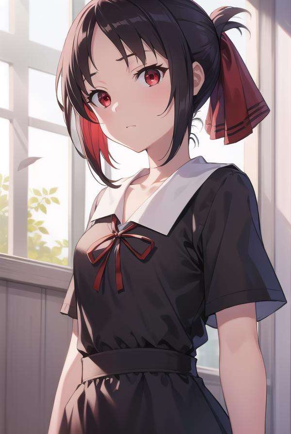 kaguyashinomiya, <lora:kaguyashinomiyatest:1>,kaguya shinomiya, folded ponytail, forehead, hair ribbon, (red eyes:1.5), red ribbon, ribbon, short hair, sidelocks, (small breast:1.2),BREAK black dress, dress, pinafore dress, school uniform, shirt, short sleeves, shuuchiin academy school uniform, white shirt,BREAK looking at viewer,BREAK indoors, classroom,BREAK <lora:GoodHands-vanilla:1>, (masterpiece:1.2), best quality, high resolution, unity 8k wallpaper, (illustration:0.8), (beautiful detailed eyes:1.6), extremely detailed face, perfect lighting, extremely detailed CG, (perfect hands, perfect anatomy),