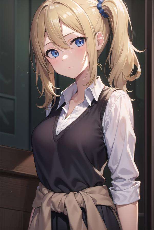 aihayasaka, <lora:aihayasakatest:1>,ai hayasaka, blonde hair, blue eyes, blue scrunchie, hair between eyes, hair scrunchie, long hair, scrunchie, side ponytail, sidelocks,BREAK black sweater, blouse, cardigan, cardigan around waist, clothes around waist, collared shirt, dress shirt, long sleeves, school uniform, shirt, shuuchiin academy school uniform, skirt, sweater, white shirt,BREAK looking at viewer,BREAK indoors, classroom,BREAK <lora:GoodHands-vanilla:1>, (masterpiece:1.2), best quality, high resolution, unity 8k wallpaper, (illustration:0.8), (beautiful detailed eyes:1.6), extremely detailed face, perfect lighting, extremely detailed CG, (perfect hands, perfect anatomy),