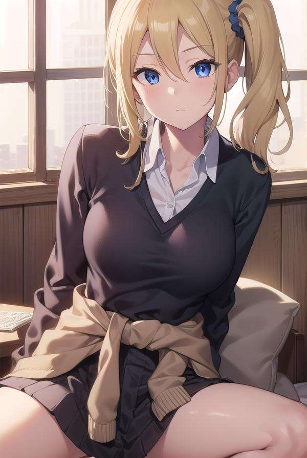 aihayasaka, <lora:aihayasakatest:1>,ai hayasaka, blonde hair, blue eyes, blue scrunchie, hair between eyes, hair scrunchie, long hair, scrunchie, side ponytail, sidelocks,BREAK black sweater, blouse, cardigan, cardigan around waist, clothes around waist, collared shirt, dress shirt, long sleeves, school uniform, shirt, shuuchiin academy school uniform, skirt, sweater, white shirt,BREAK looking at viewer,BREAK indoors, classroom,BREAK <lora:GoodHands-vanilla:1>, (masterpiece:1.2), best quality, high resolution, unity 8k wallpaper, (illustration:0.8), (beautiful detailed eyes:1.6), extremely detailed face, perfect lighting, extremely detailed CG, (perfect hands, perfect anatomy),