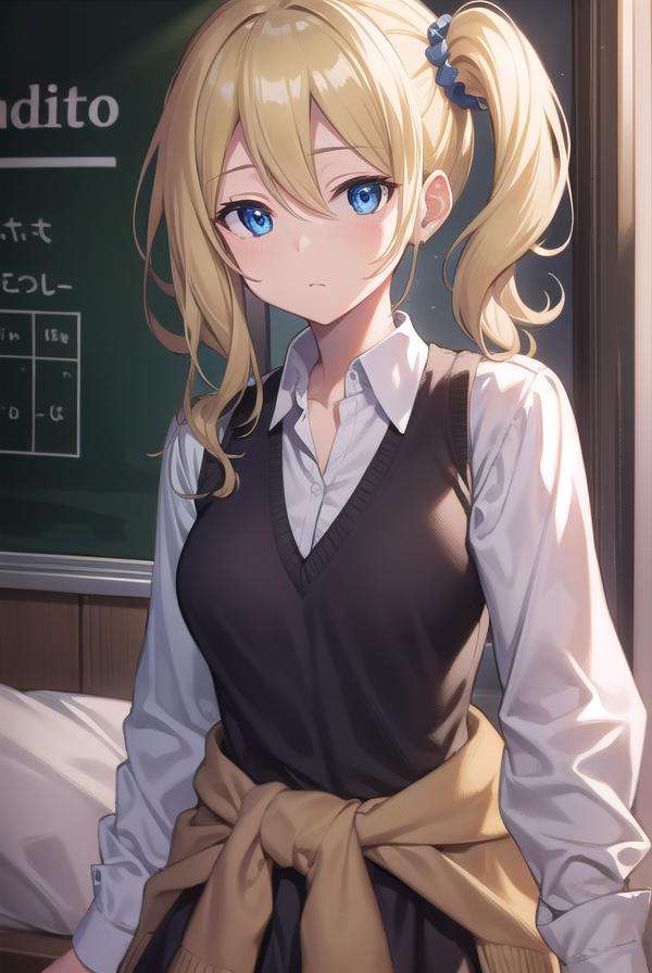 aihayasaka, <lora:aihayasakatest:1>,ai hayasaka, blonde hair, blue eyes, blue scrunchie, hair between eyes, hair scrunchie, long hair, scrunchie, side ponytail, sidelocks,BREAK black sweater, blouse, cardigan, cardigan around waist, clothes around waist, collared shirt, dress shirt, long sleeves, school uniform, shirt, shuuchiin academy school uniform, skirt, sweater, white shirt,BREAK looking at viewer,BREAK indoors, classroom,BREAK <lora:GoodHands-vanilla:1>, (masterpiece:1.2), best quality, high resolution, unity 8k wallpaper, (illustration:0.8), (beautiful detailed eyes:1.6), extremely detailed face, perfect lighting, extremely detailed CG, (perfect hands, perfect anatomy),