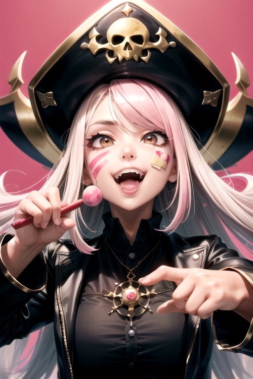 Girl with paint on her face, (open mouth two fangs with pink gum:1.3), chewing gum, white hair, (/god of death/), | pirate | | mage |