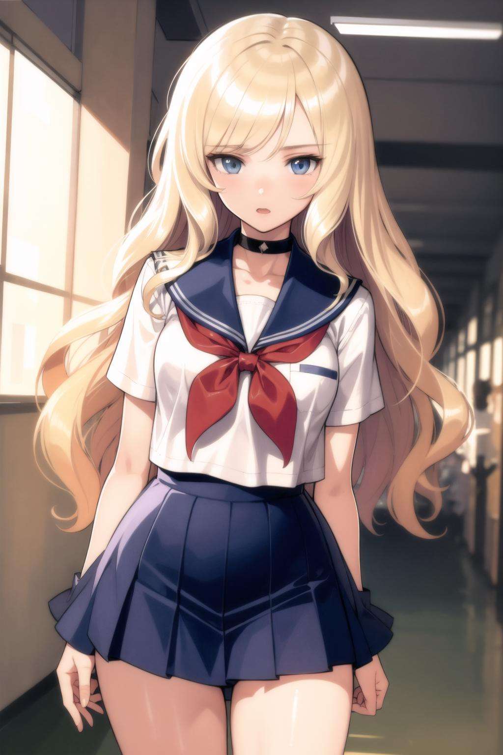 <lora:tony_taka_v0.3:1>1girl, school uniform, blue sailor collar, <lora:school_hallway_v0.1:1> school hallway, long hair, wavy hair, blonde hair,, masterpiece, best quality, highly detailed