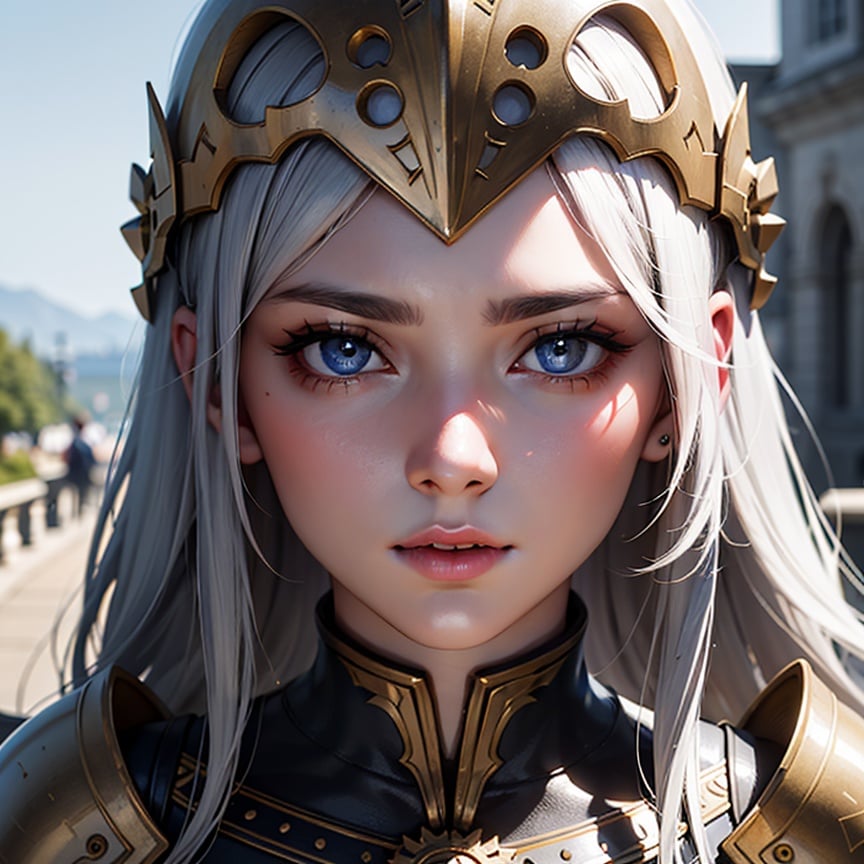 best quality, masterpiece, portrait, 1girl, valkyrie, winged helmet, armor,  silver hair, yellow eyes, looking_at_viewer, annoyed,  Hyperrealistic, scenery, extremely detailed, perfect skin tone.