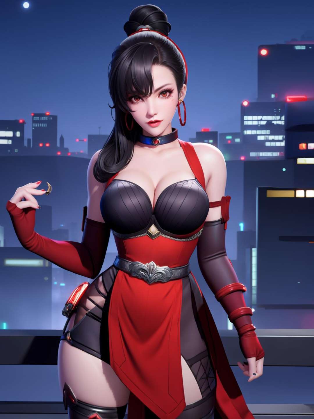 <lora:wzryAKEyp_20230727134341:0.75>single hair bun, high ponytail,hair over one eye, 1girl,cityscape, night, looking at viewer, mature female, jewelry, thighhighs, ninja, elbow gloves, armor,earrings, mole under eye, dress,choker, hair ribbon, belt, bra, red eyes, muscular, 