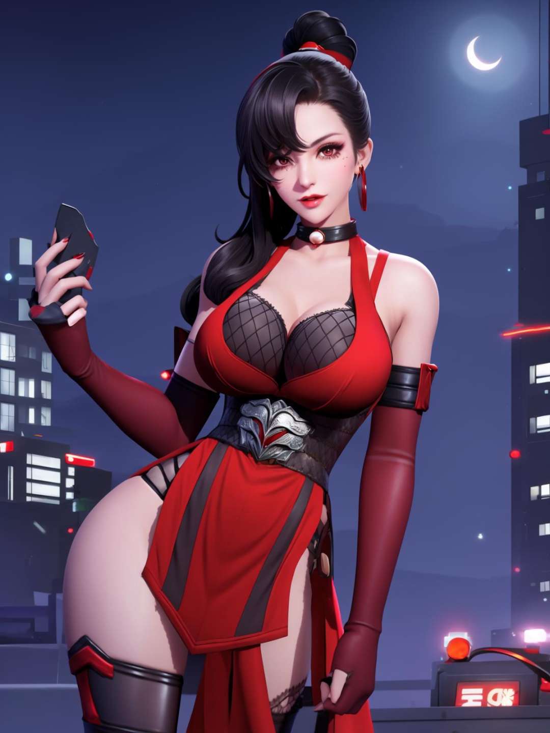 <lora:wzryAKEyp_20230727134341:0.75>single hair bun, high ponytail,hair over one eye, 1girl,cityscape, night, looking at viewer, mature female, jewelry, thighhighs, ninja, elbow gloves, armor,earrings, mole under eye, dress,choker, hair ribbon, belt, bra, red eyes, muscular, 