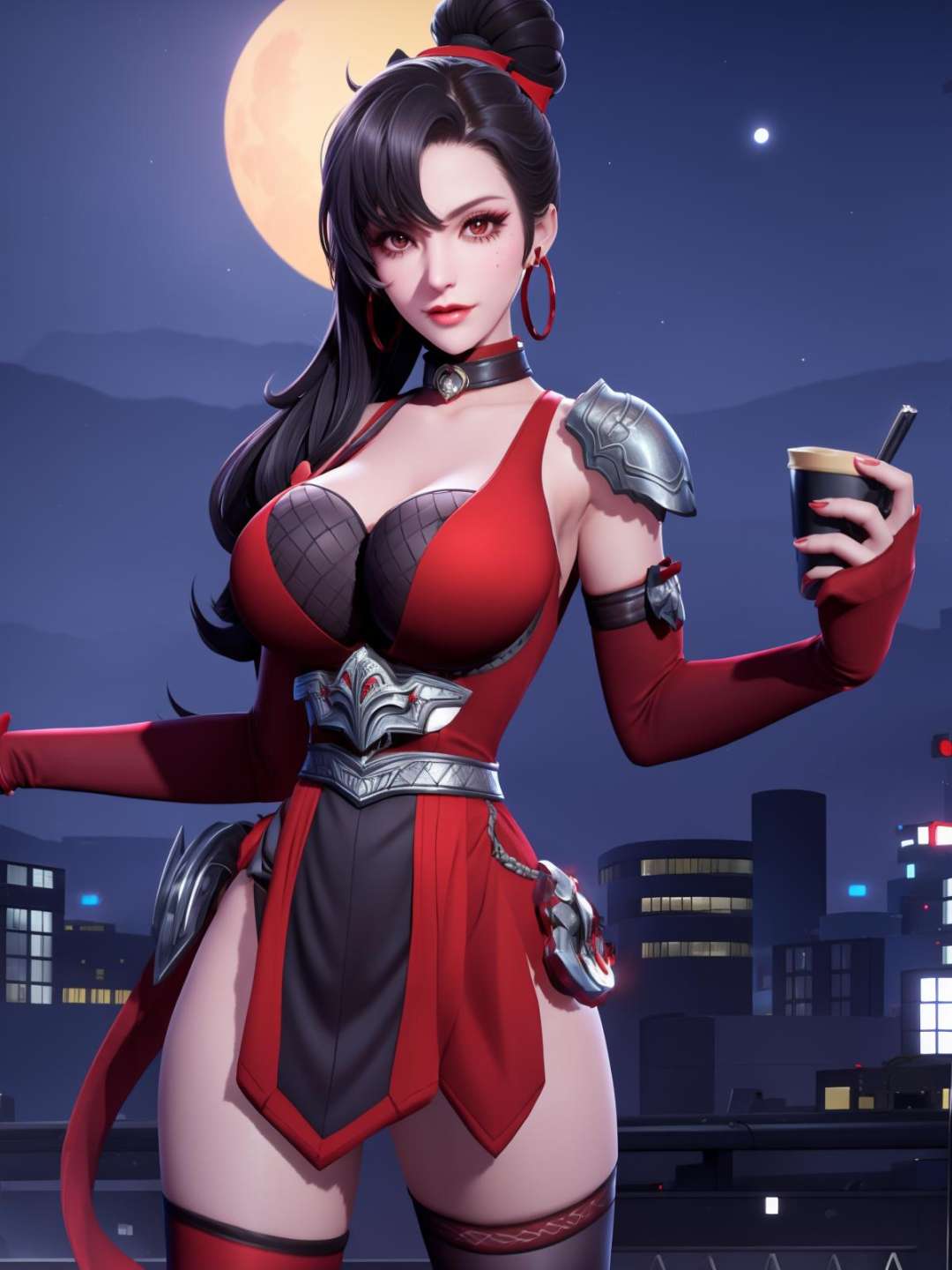 <lora:wzryAKEyp_20230727134341:0.75>single hair bun, high ponytail,hair over one eye, 1girl,cityscape, night, looking at viewer, mature female, jewelry, thighhighs, ninja, elbow gloves, armor,earrings, mole under eye, dress,choker, hair ribbon, belt, bra, red eyes, muscular, 