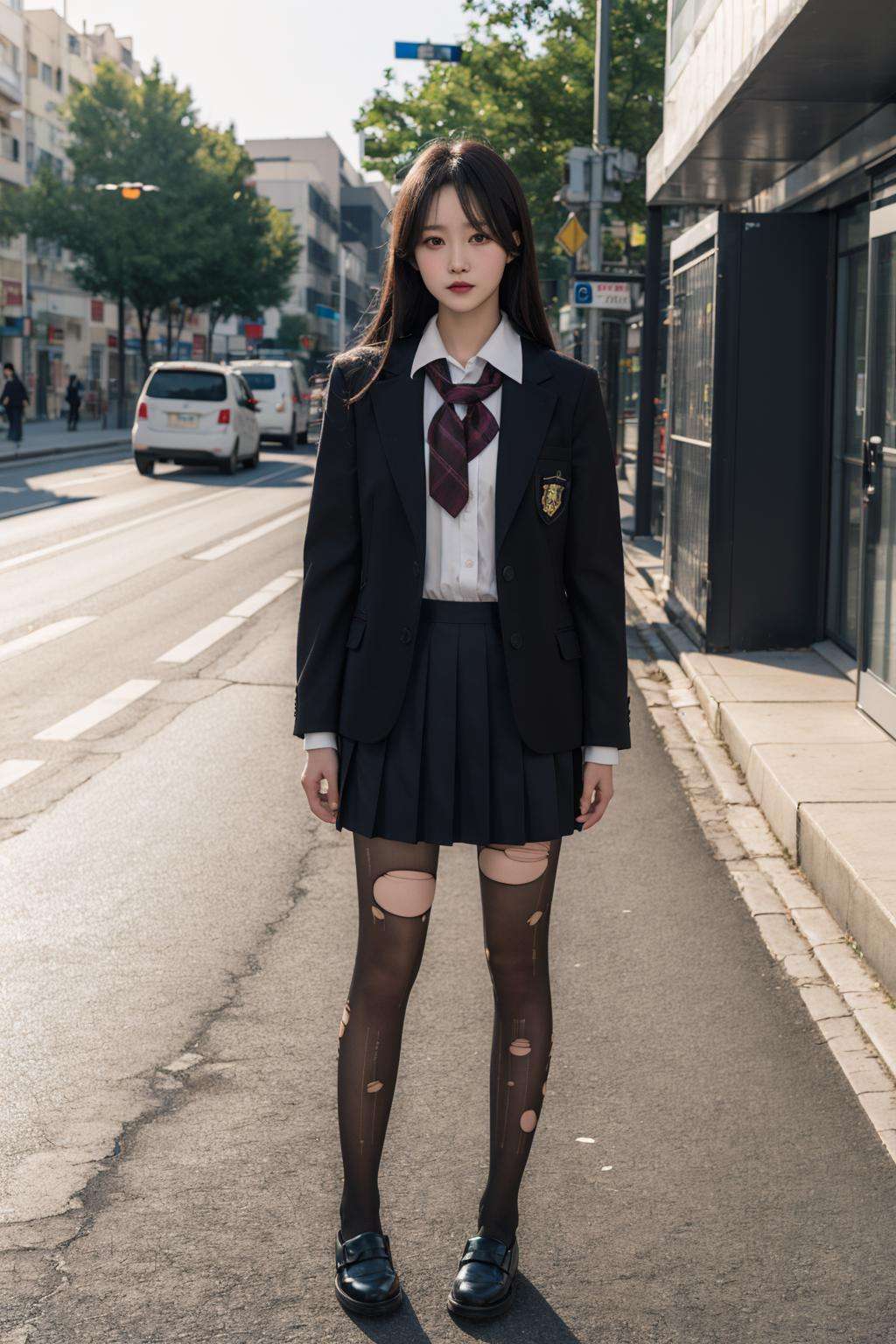 masterpiece, best quality, realistic, 8k, official art, cinematic light, ultra high res, 1girl, school uniform, torn pantyhose, standing, on the street, <lora:torn_pantyhose_05:1:TEST>