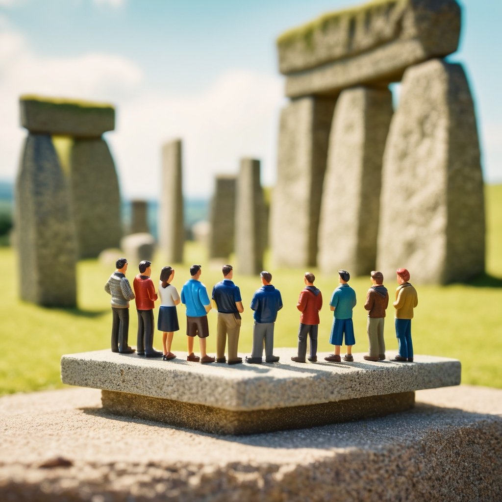 a group of people standing in front of a stonehench, a tilt shift photo, pexels contest winner, digital art, great britain, ffffound, monoliths, toy camera, hyperdetailed!!, grain”, ancient”, by jake parker, on a mini world, telephoto shot, england, portal, bokeh ”