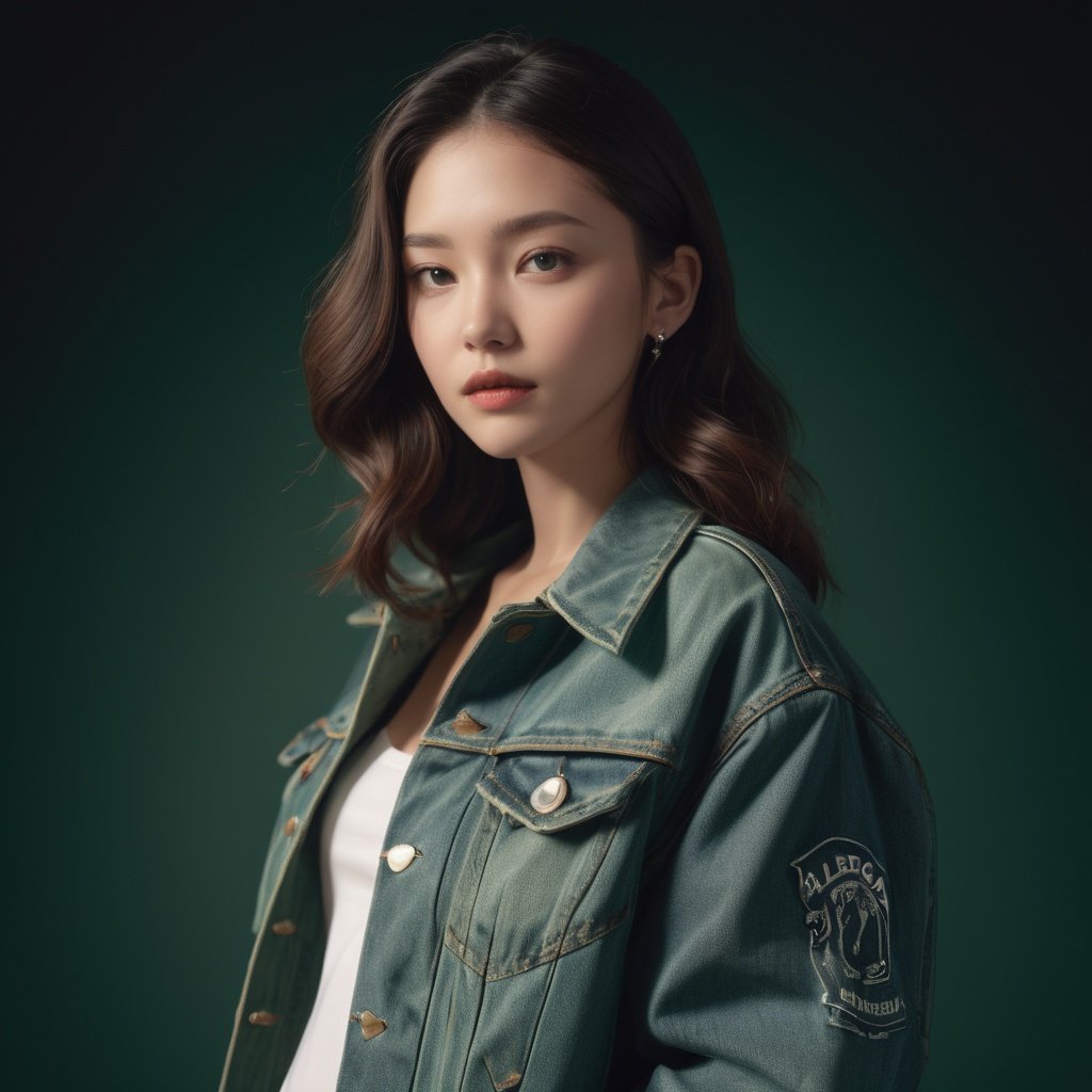 analog film photo ((full body)), (((blackish green background))), clear facial contour, (((slender chin))), ((cowboy shot)), ((Balenciaga oversized denim jacket with a logo-printed back )), upper body, 1girl, 20 years old, instagram girl, idolmaster, looking at viewer, Lois Greenfield, Flowing cloth, Beautiful dynamic dramatic dark moody lighting, volumetric, shadows, cinematic atmosphere, Octane render, 8K . award-winning, professional, highly detailed . faded film, desaturated, 35mm photo, grainy, vignette, vintage, Kodachrome, Lomography, stained, highly detailed, found footage