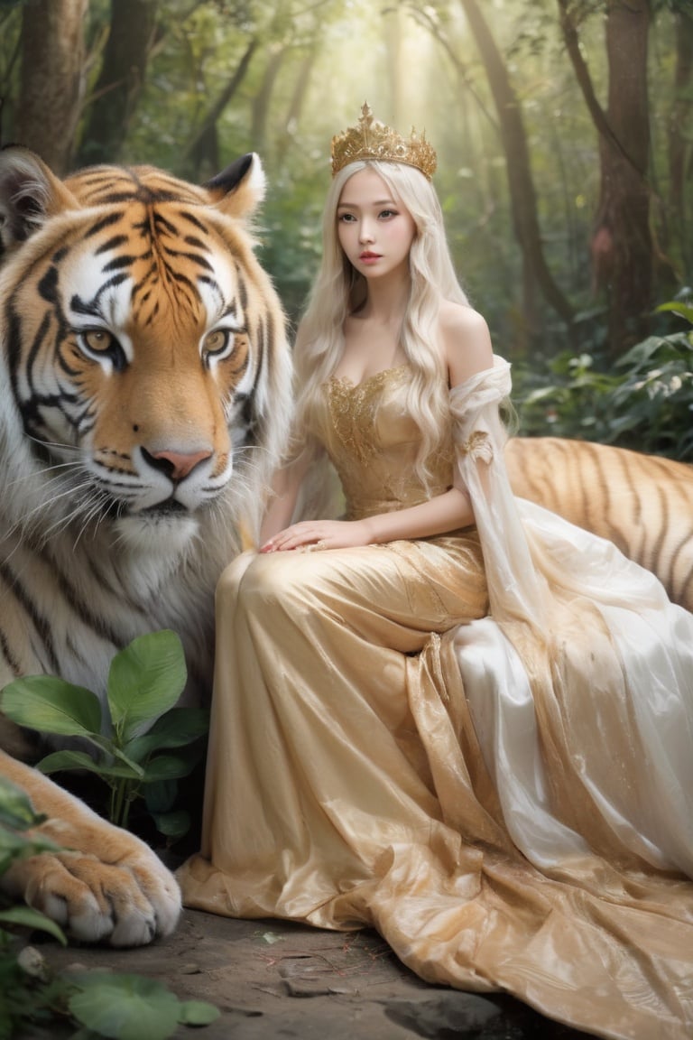 In the forest, the beautiful princess wore a golden princess dress,she has long white hair and smooth dark skin,she raised her head and looked ahead,a golden crown on her head, followed by a big white tiger, surrounded by plants and fiowers.