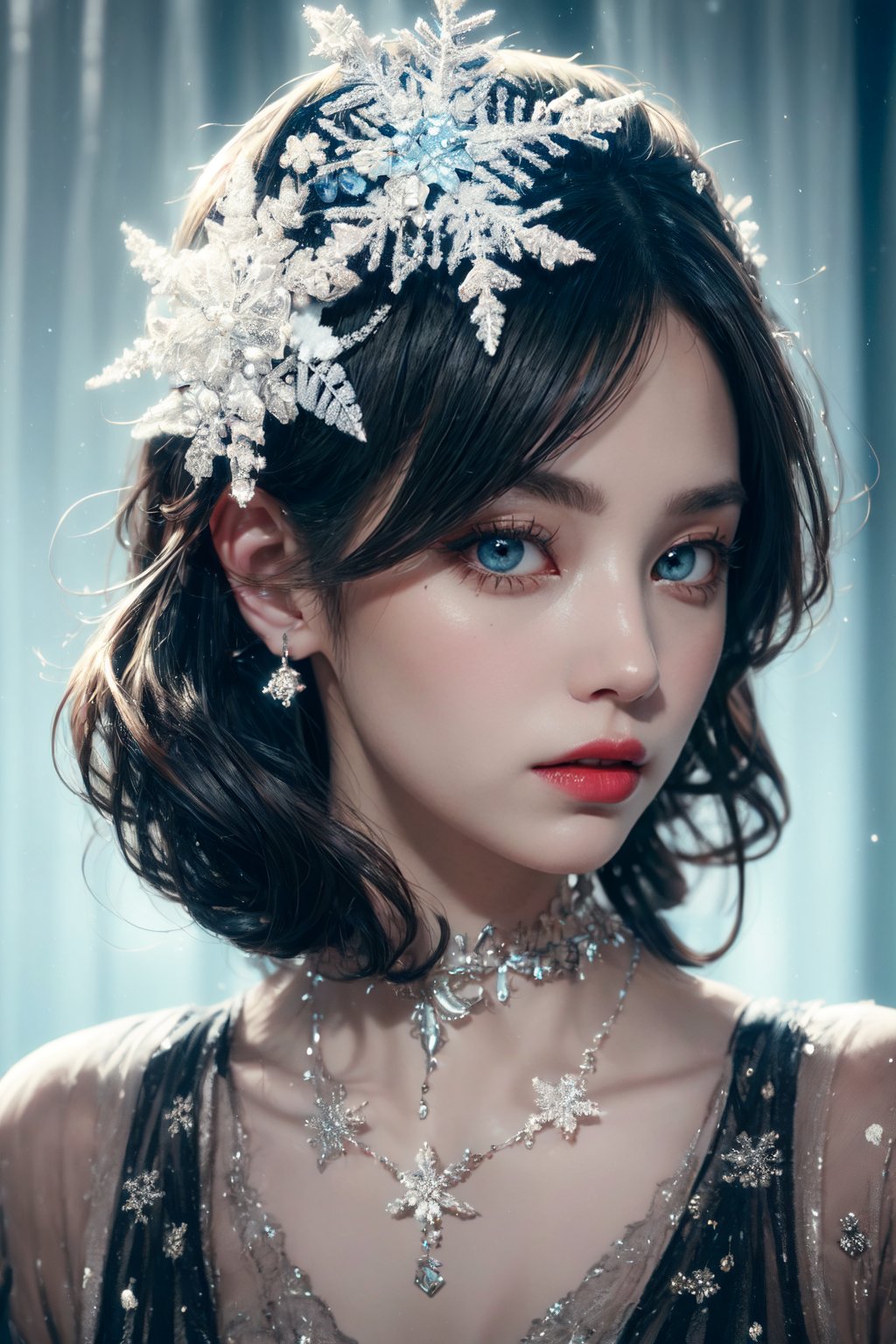 "(masterpiece, high quality:1.5), 8K, HDR, 
1girl, well_defined_face, well_defined_eyes, ultra_detailed_eyes, ultra_detailed_face, by FuturEvoLab, 
ethereal lighting, immortal, elegant, porcelain skin, jet-black hair, waves, pale face, ice-blue eyes, blood-red lips, pinhole photograph, retro aesthetic, monochromatic backdrop, mysterious, enigmatic, timeless allure, siren of the night, secrets, longing, hidden dangers, captivating, nostalgia, timeless fascination, ", Snowflake