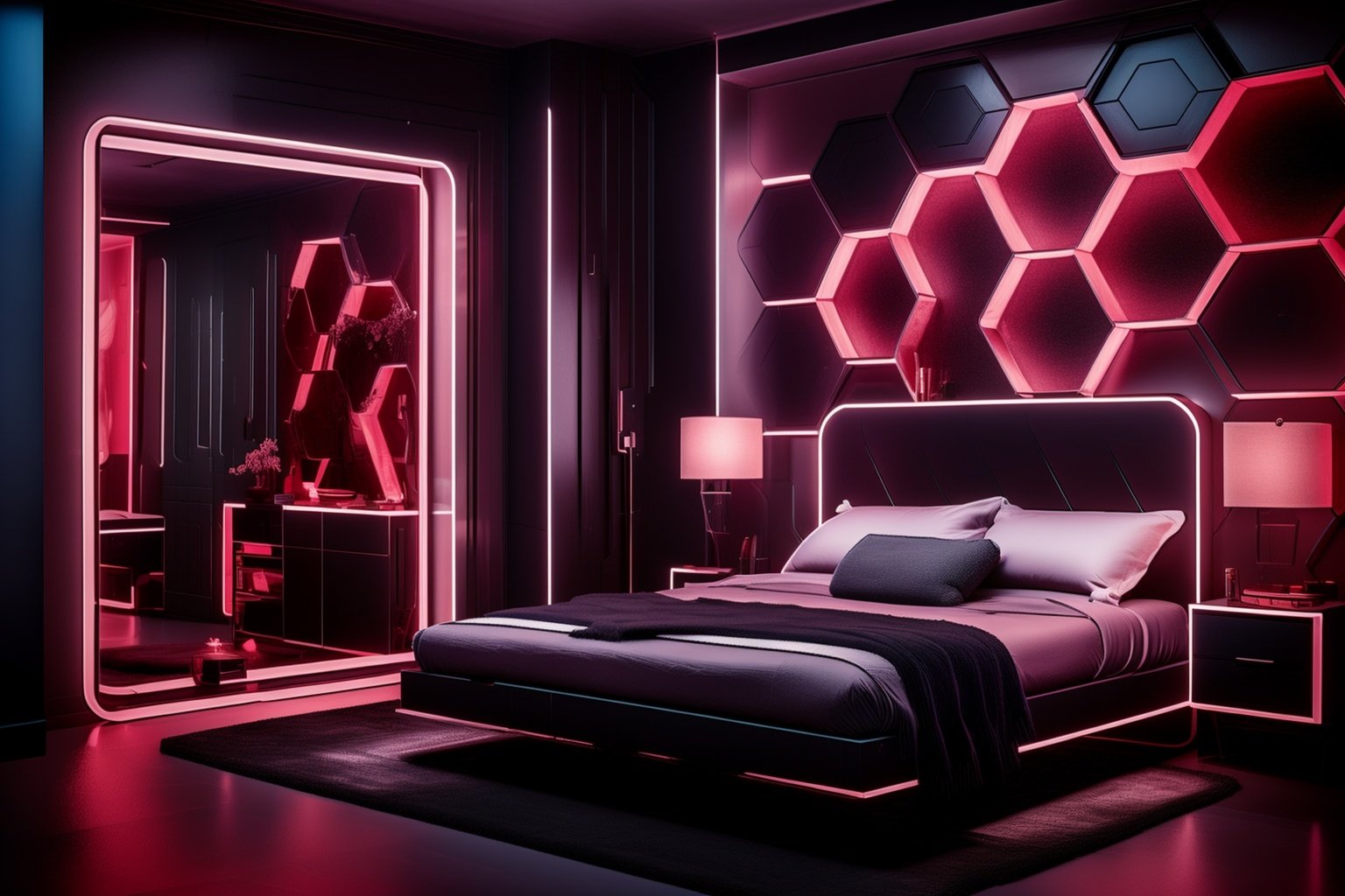 ((masterpiece)),((best quality)),8k,high detailed,ultra-detailed,photo,extremely delicate and beautiful,xs-hive-design,cyberpunk,interior design,(bedroom),capturing the essence of modern comfort and simplicity,perfect for a home design magazine,<lora:XSHive:1>